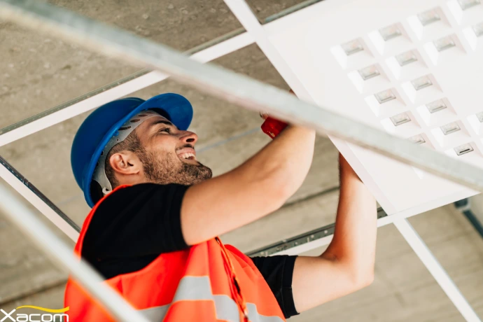 a worker installing a piece of hardware in the ceiling