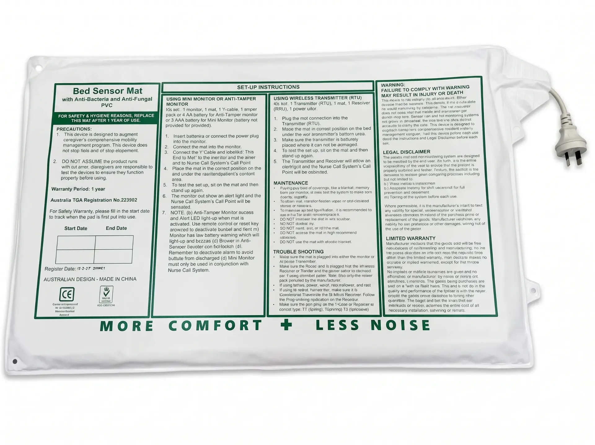 [NC90918/MED-B365-JS63 (JACK)] Wired Bed Sensor Mat, 6.3mm Jack (Mat Only)