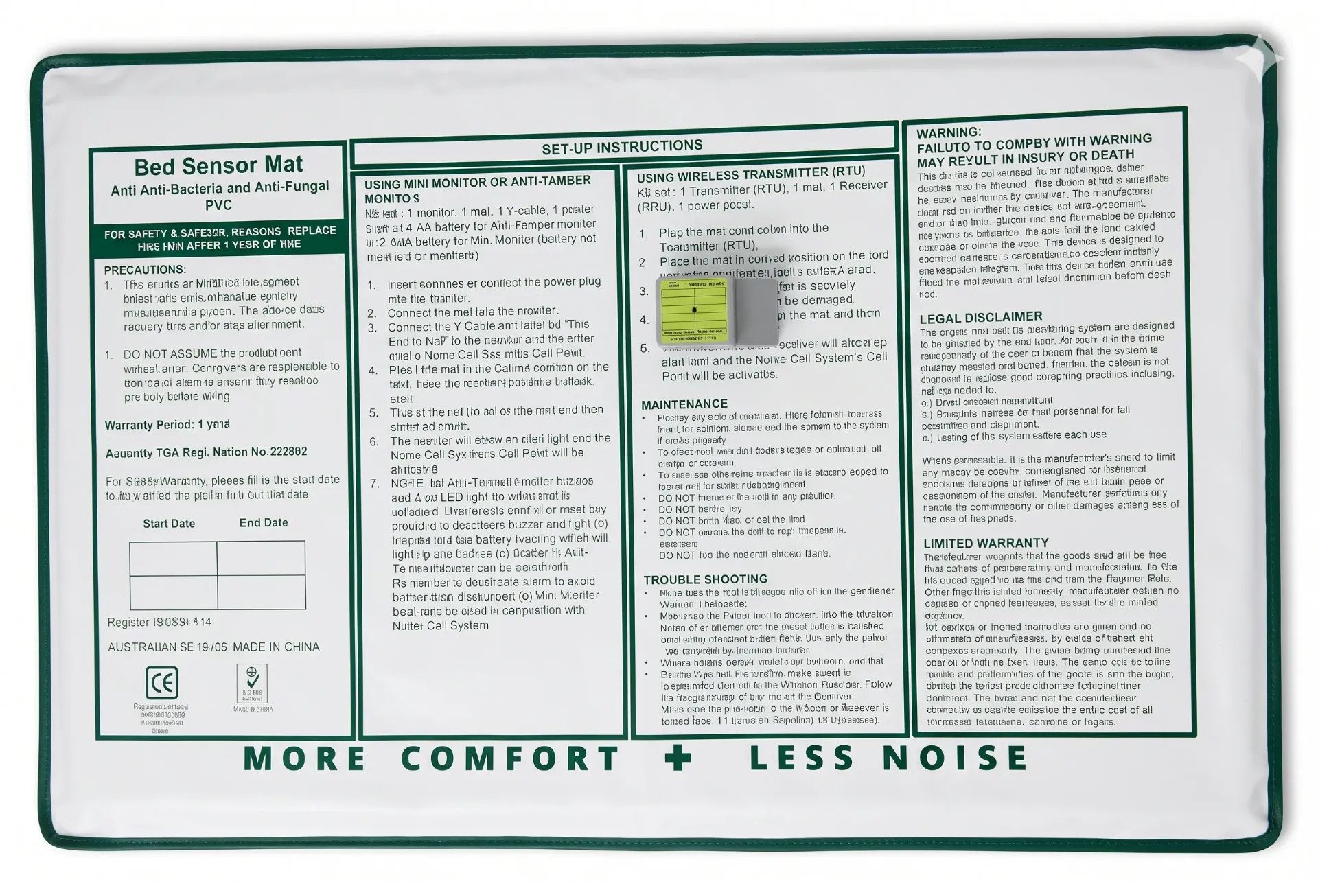 [NC20933-MED-B365X-WT] Wireless Bed Sensor Mat & Tx (With Transmitter Only, No RRU)